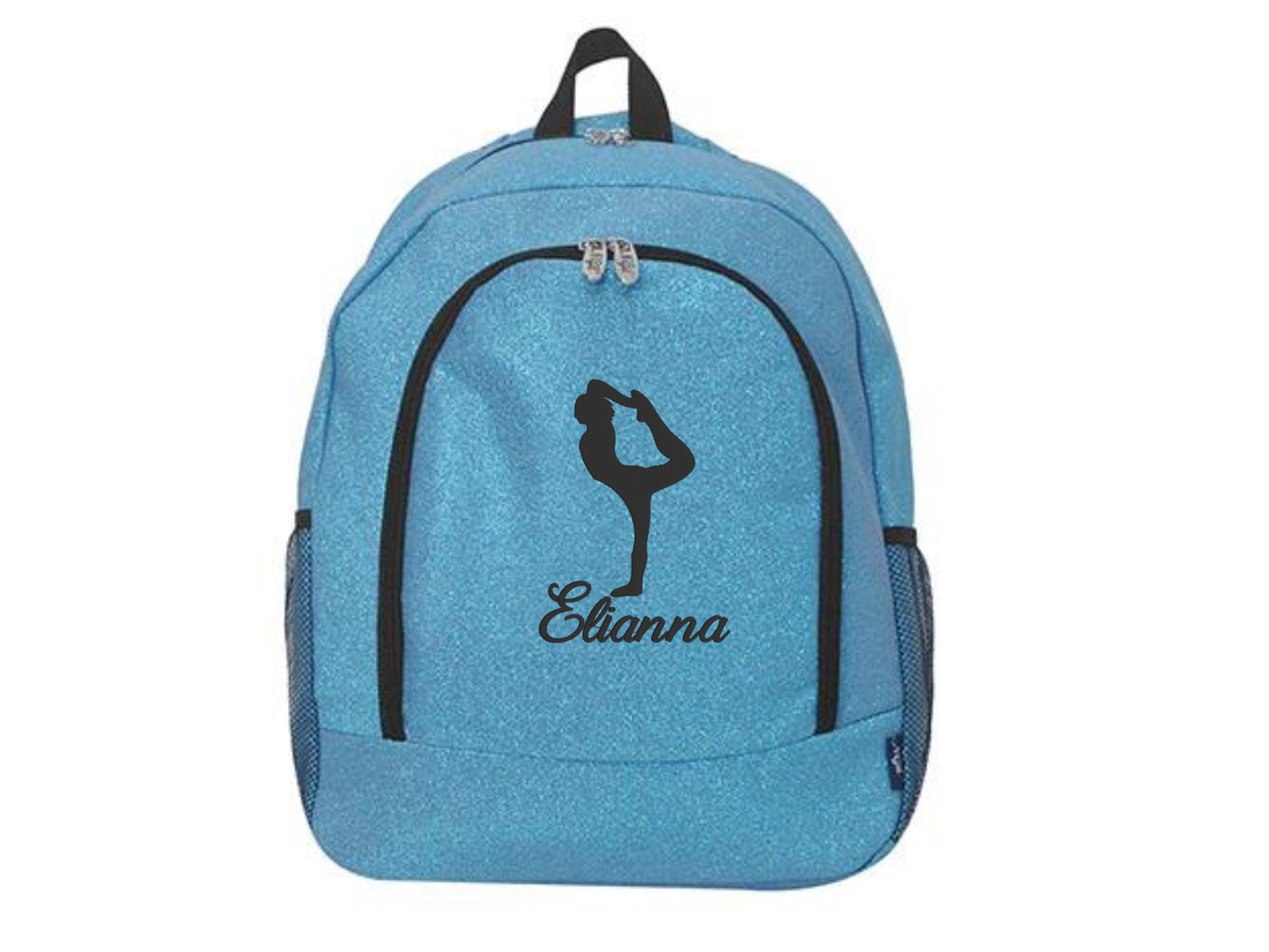 Turquoise glitter cheer backpack with black cheerleader silhouette and custom name “Elianna” on the front pocket