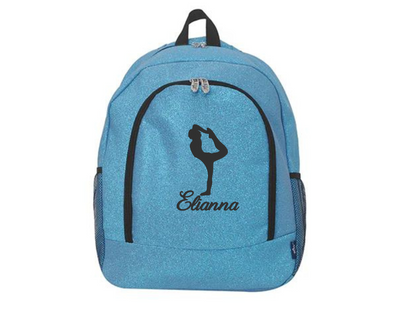 Turquoise glitter cheer backpack with black cheerleader silhouette and custom name “Elianna” on the front pocket