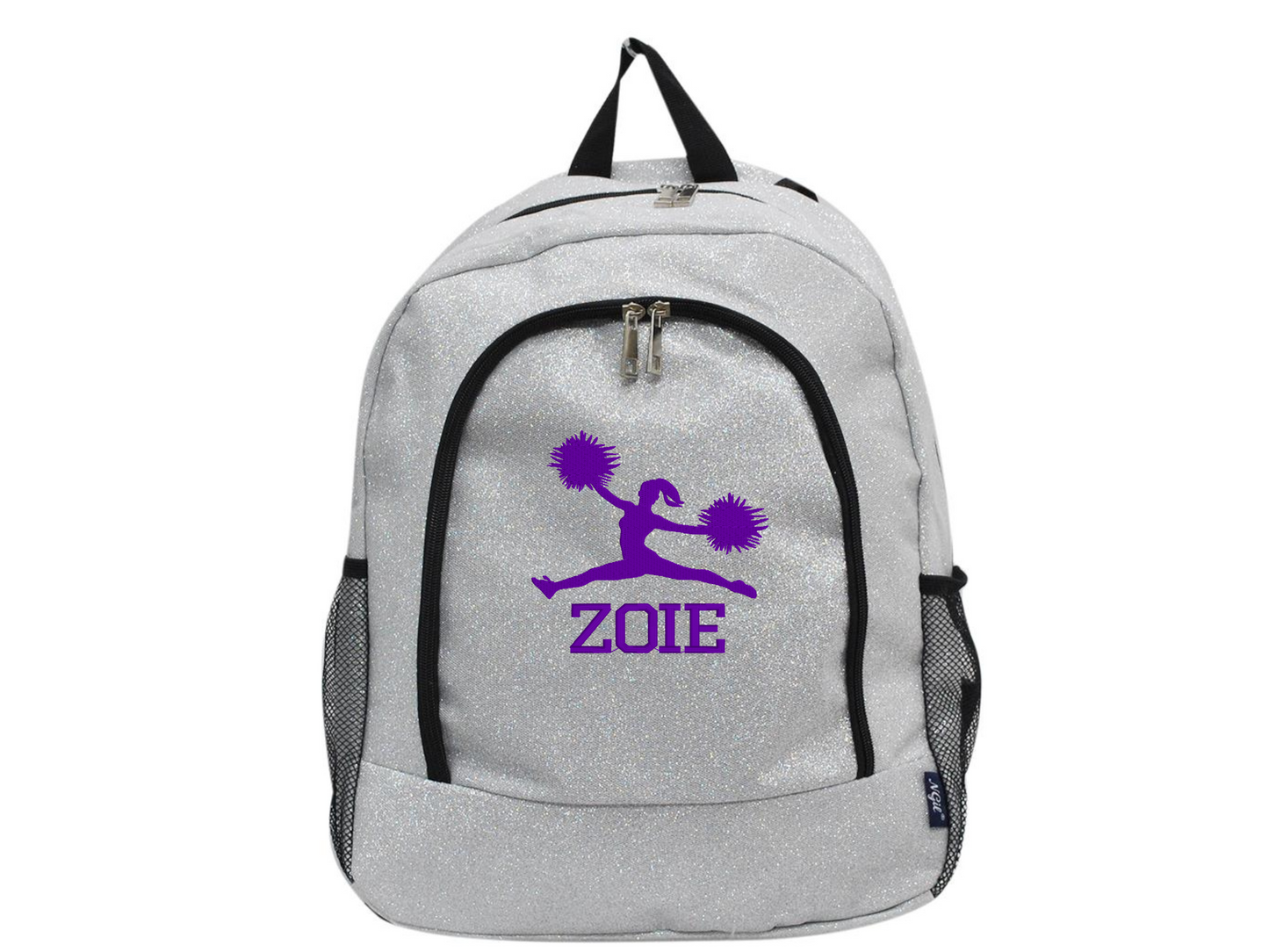 Silver glitter cheer backpack with purple cheerleader silhouette and custom name “Zoie” on the front pocket