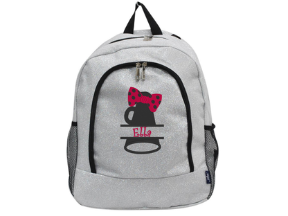Silver glitter backpack with a cheer megaphone and bow design and the name Ella printed on the front