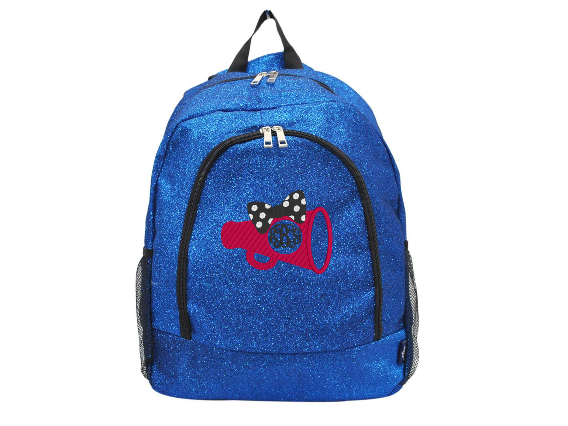 Blue glitter backpack with a cheer megaphone, bow, and custom monogram design on the front