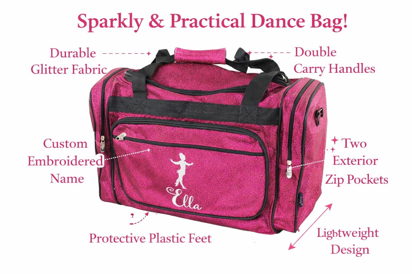 Personalized Pink Dance Duffle Bag – Custom Name Ballet & Gymnastics Glitter Gear Bag
