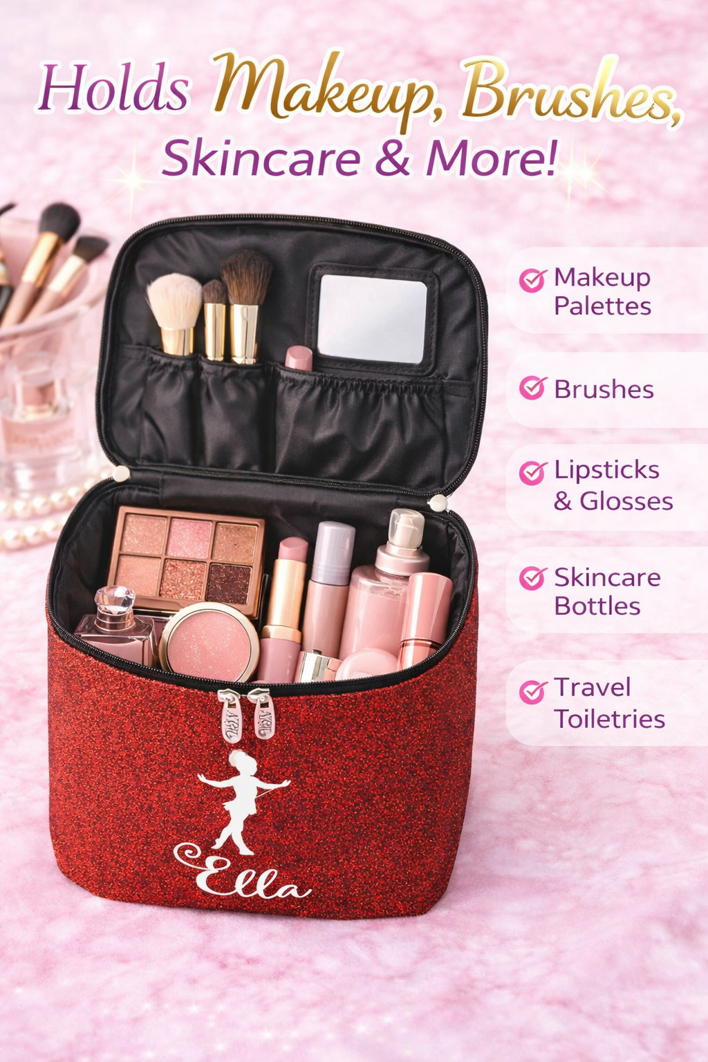Blue Glitter Cheerleader Cosmetic Case – Personalized Cheer Makeup Bag Travel Train Case