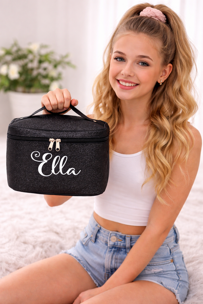 Black Glitter Cosmetic Case – Personalized Name Makeup Bag Madison Font Travel Train Case