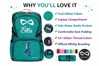 Personalized Nfinity Teal Sparkle Cheer Backpack – Custom Name Cheer Bag with Bold Block Font