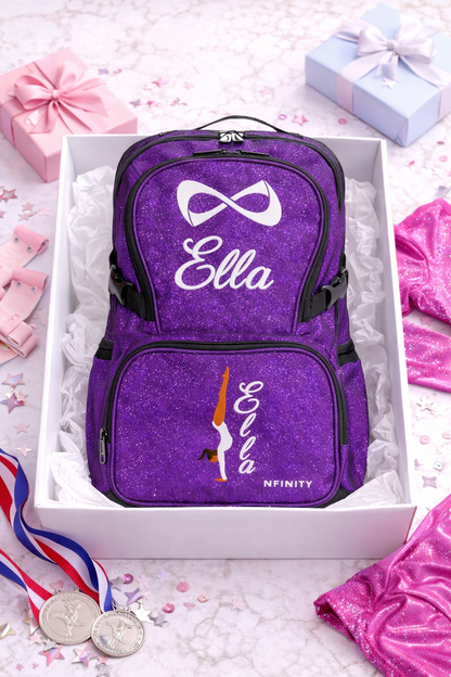 Personalized Purple Nfinity Glitter Backpack – Custom Gymnastics Bag