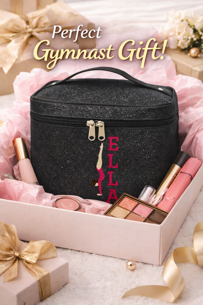 Black Glitter Gymnast Cosmetic Case – Personalized Gymnastics Makeup Bag with Name Travel Train Case