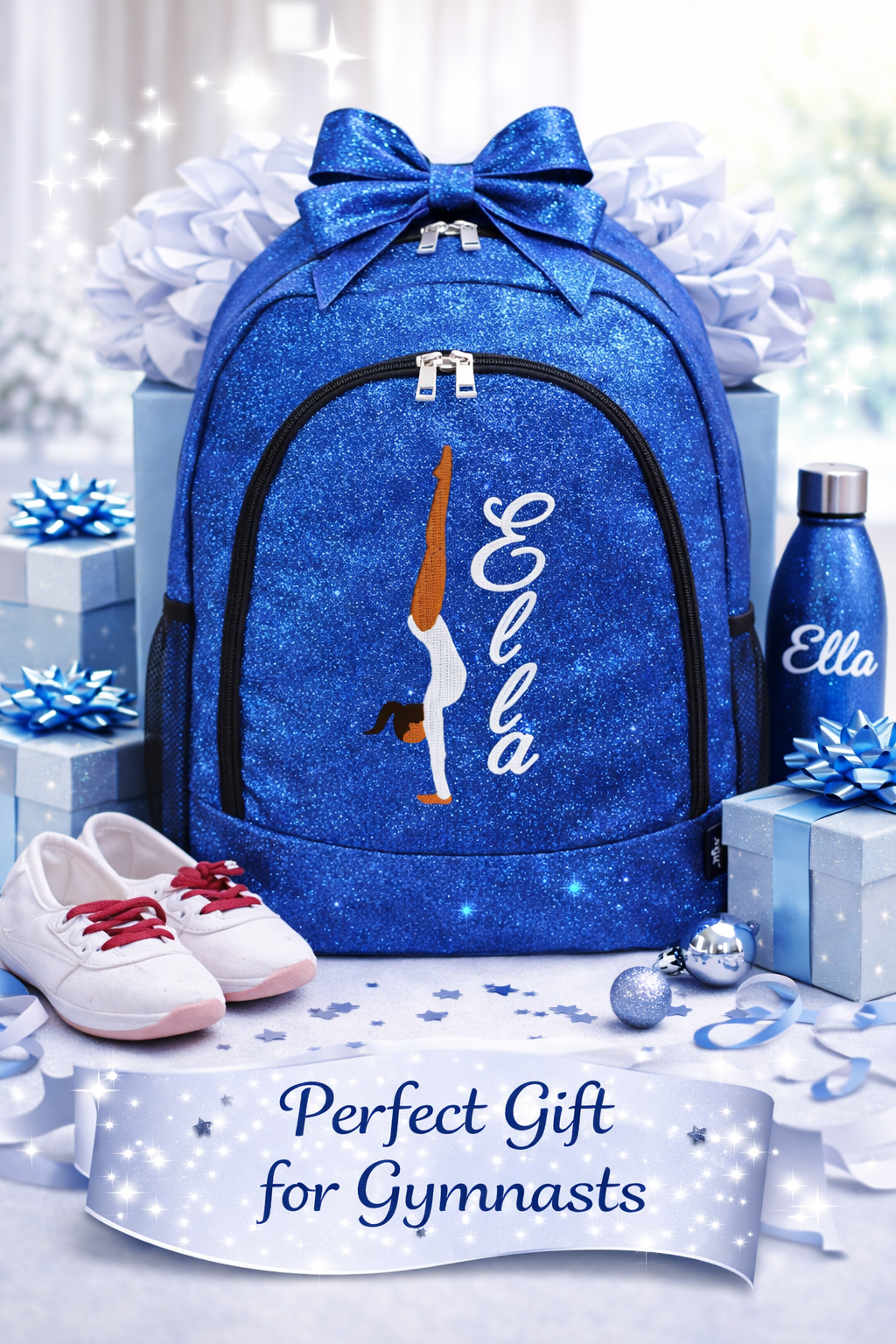 Personalized Gymnastics Backpack – Royal Blue Glitter Gymnast Bag with Name (Handstand Design)