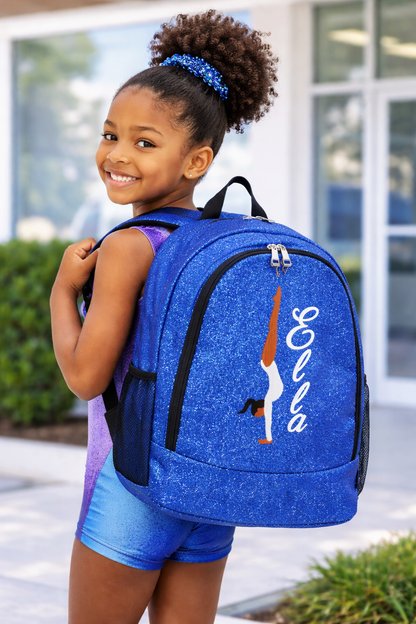 Personalized Gymnastics Backpack – Royal Blue Glitter Gymnast Bag with Name (Handstand Design)