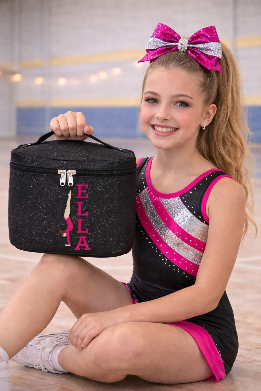 Black Glitter Gymnast Cosmetic Case – Personalized Gymnastics Makeup Bag with Name Travel Train Case