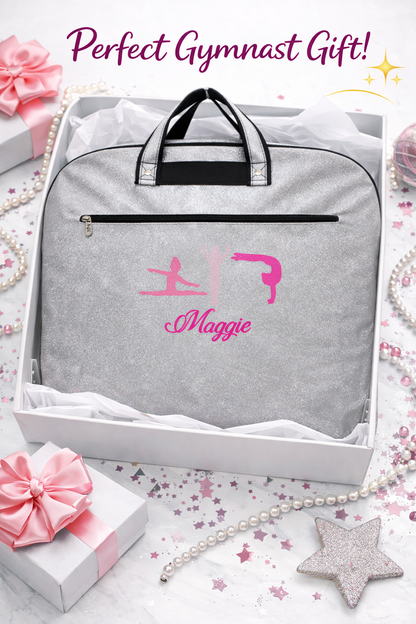 Personalized Silver Glitter Gymnastics Garment Bag – Custom Gymnast Leotard Travel Bag