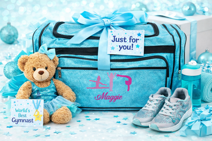 Personalized Turquoise Gymnastics Duffle Bag – Custom Name Glitter Gym Gear Bag