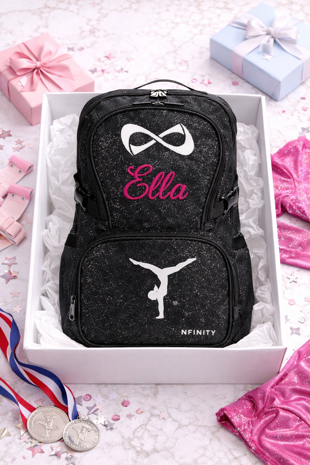 Personalized Nfinity Glitter Gymnastics Backpack – Custom Name Gymnast Bag