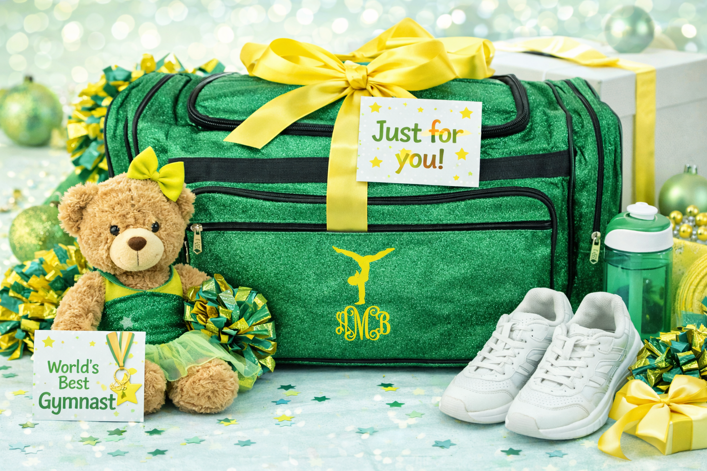 Personalized Green Gymnastics Duffle Bag – Custom Name Glitter Gym Gear Bag