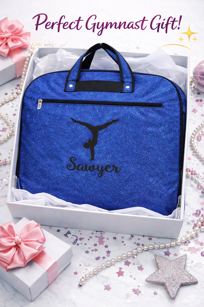 Personalized Royal Blue Glitter Gymnastics Garment Bag – Custom Gymnast Leotard Travel Bag