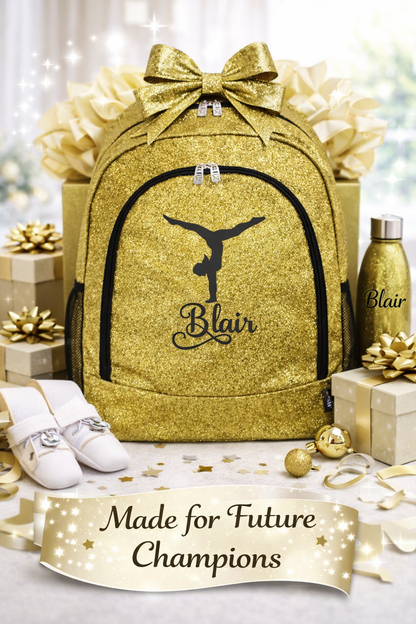 Personalized Gymnastics Backpack – Gold Glitter Gymnast Bag with Name (Handstand Design)