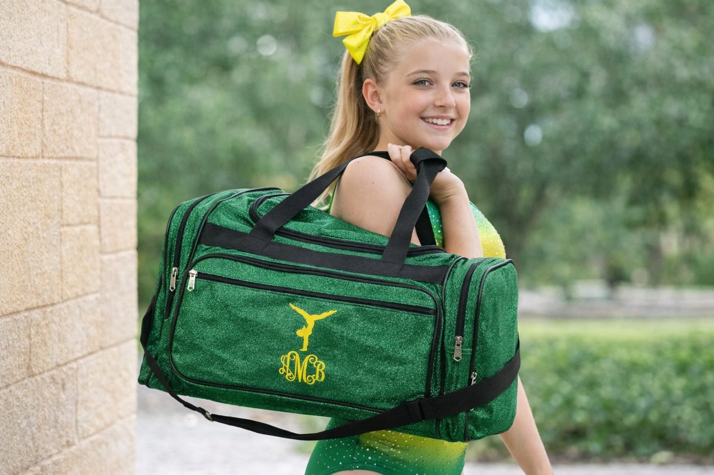 Personalized Green Gymnastics Duffle Bag – Custom Name Glitter Gym Gear Bag