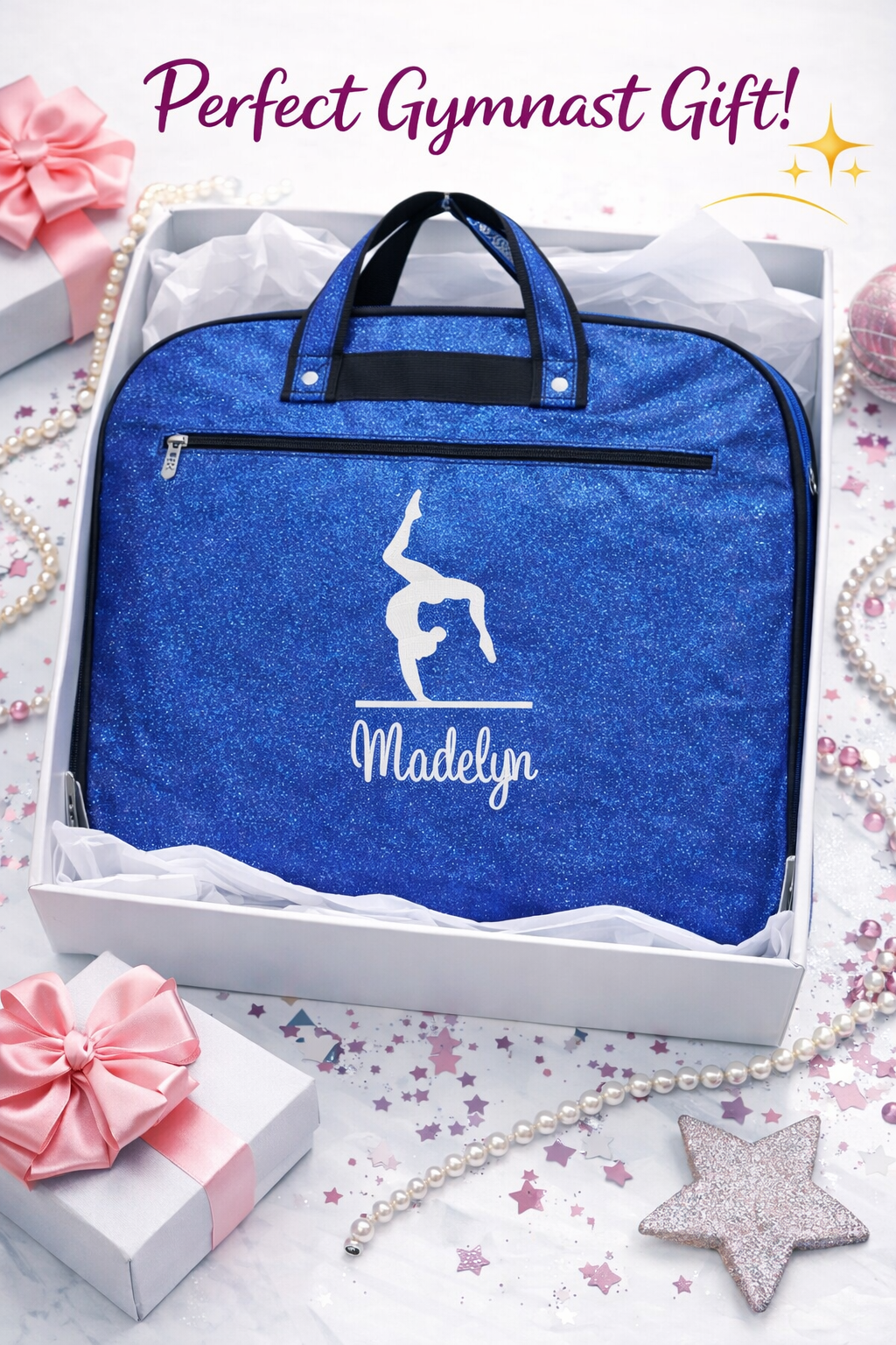 Personalized Royal Blue Glitter Gymnastics Garment Bag – Custom Gymnast Leotard Travel Bag