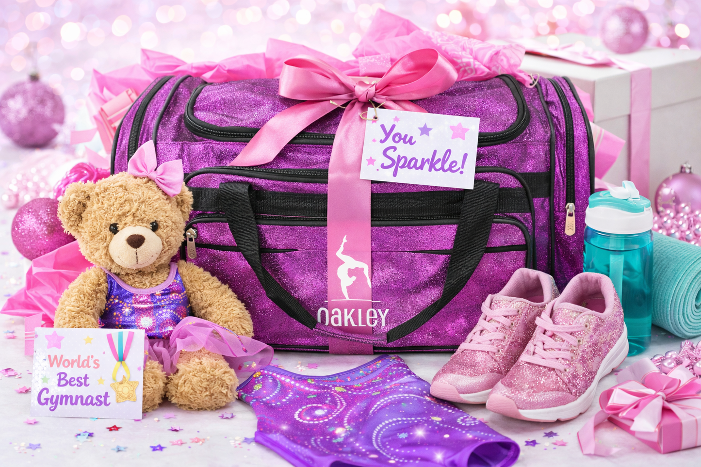 Pink Glitter Gymnastics Duffle Bag – 23" Sparkle Cheer & Dance Gear Bag with Shoe Pockets