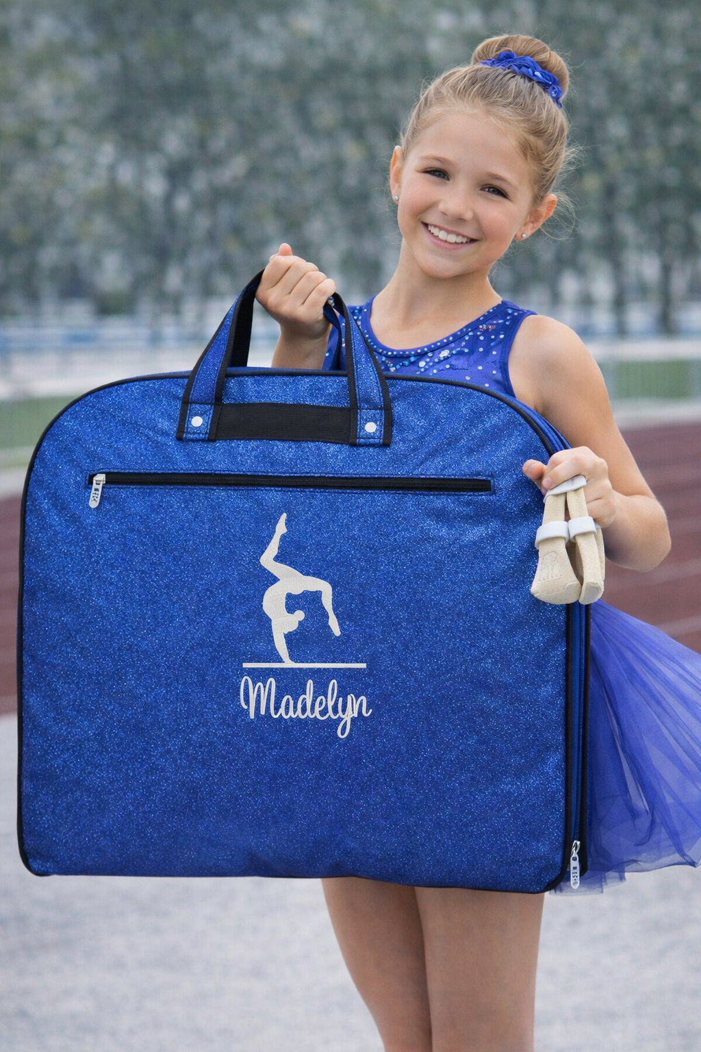 Personalized Royal Blue Glitter Gymnastics Garment Bag – Custom Gymnast Leotard Travel Bag