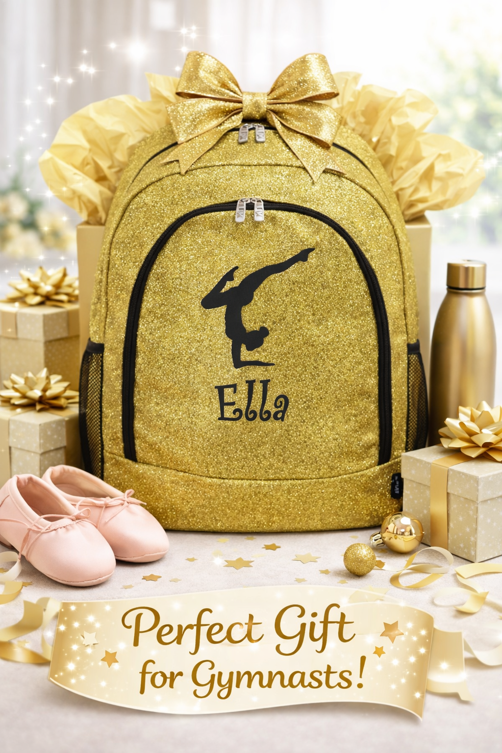 Personalized Gymnastics Backpack – Gold Glitter Gymnast Bag with Name (Handstand Silhouette Design