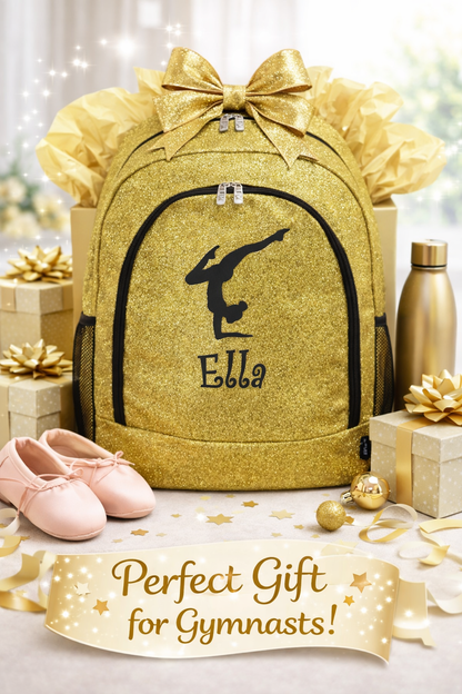 Personalized Gymnastics Backpack – Gold Glitter Gymnast Bag with Name (Handstand Silhouette Design