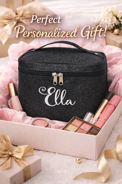 Black Glitter Cosmetic Case – Personalized Name Makeup Bag Madison Font Travel Train Case