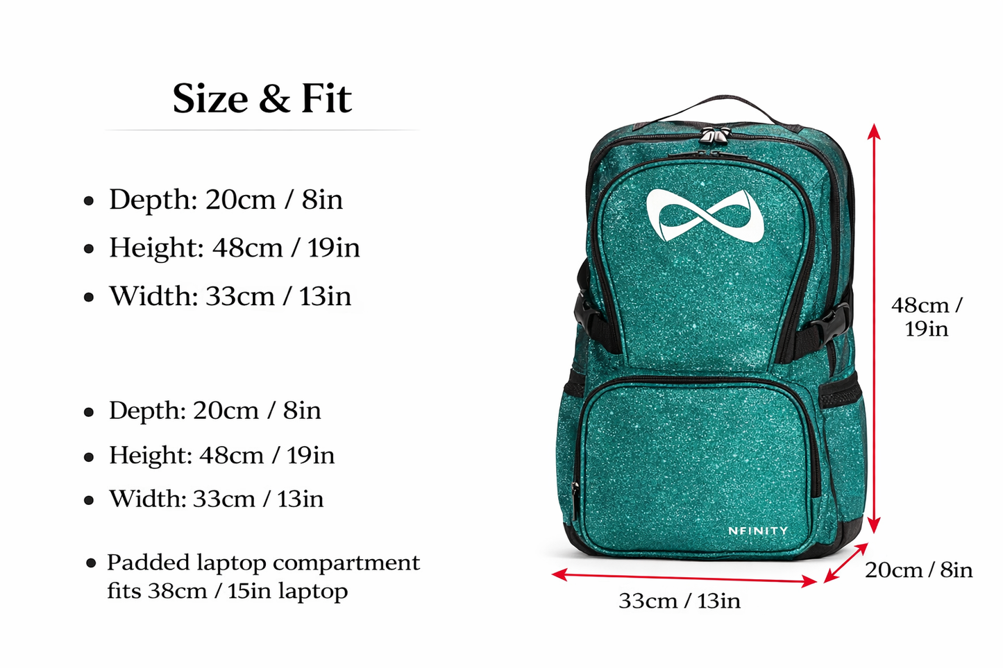 Personalized Nfinity Teal Sparkle Cheer Backpack – Custom Name Cheer Bag with Bold Block Font