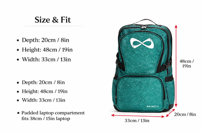 Personalized Nfinity Teal Sparkle Cheer Backpack – Custom Name Cheer Bag with Bold Block Font