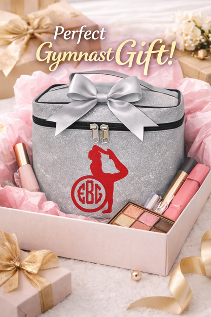 Silver Glitter Gymnast Cosmetic Case – Personalized Gymnastics Makeup Bag Travel Train Case