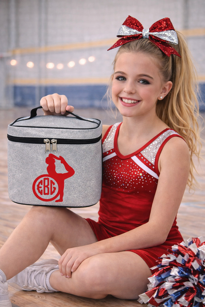Silver Glitter Gymnast Cosmetic Case – Personalized Gymnastics Makeup Bag Travel Train Case