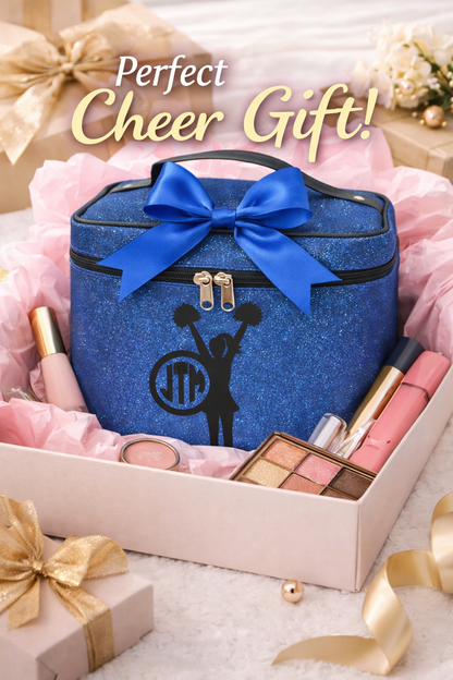 Blue Glitter Cheerleader Cosmetic Case – Personalized Cheer Makeup Bag Travel Train Case