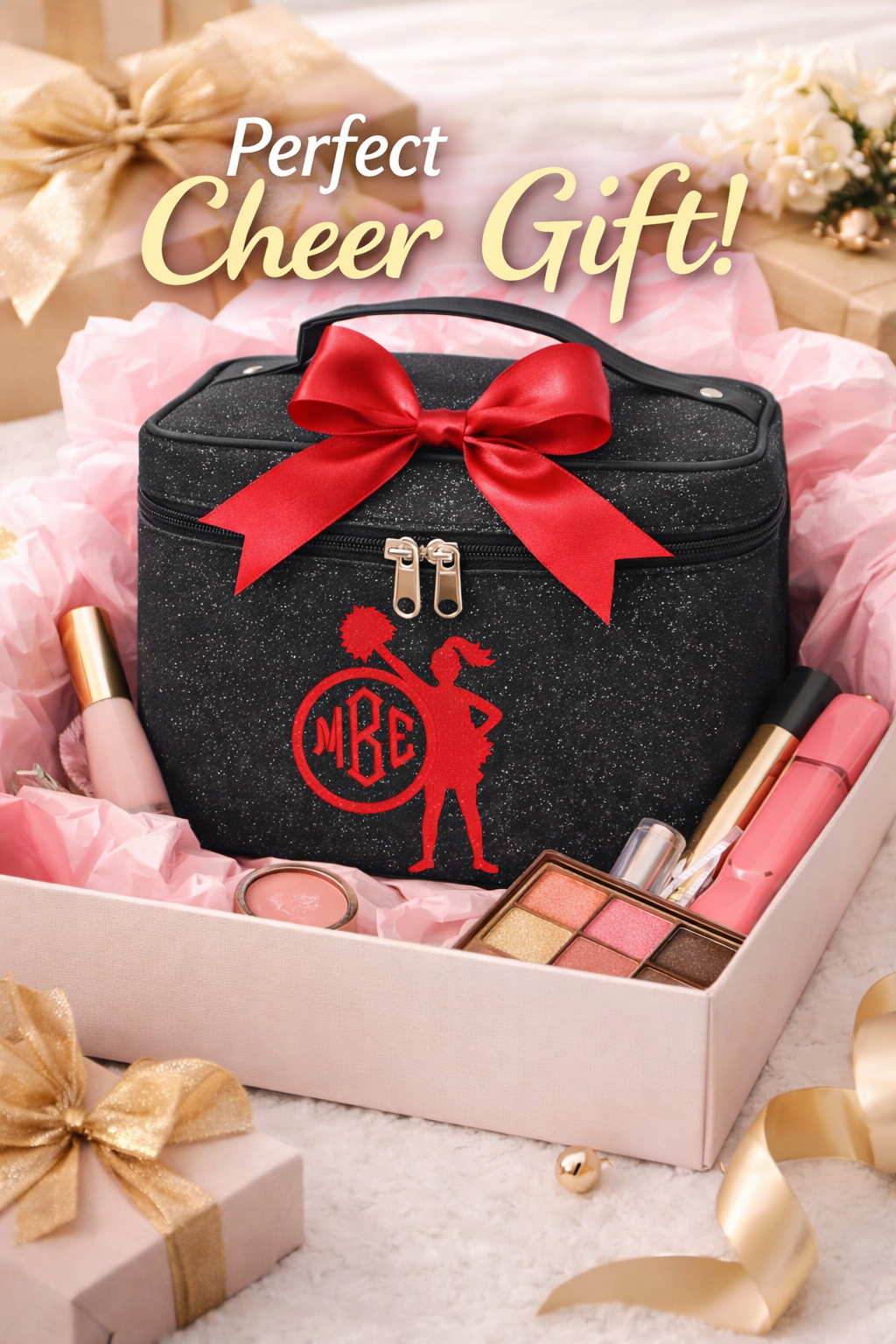 Black Glitter Cheerleader Cosmetic Case – Personalized Cheer Makeup Bag Travel Train Case