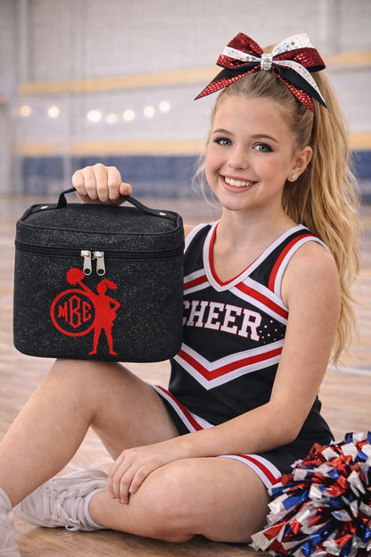 Black Glitter Cheerleader Cosmetic Case – Personalized Cheer Makeup Bag Travel Train Case