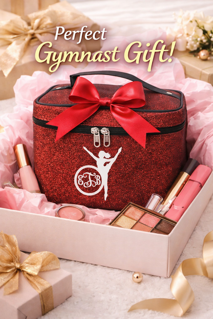 Red Glitter Gymnast Cosmetic Case – Personalized Gymnastics Makeup Bag Travel Train Case