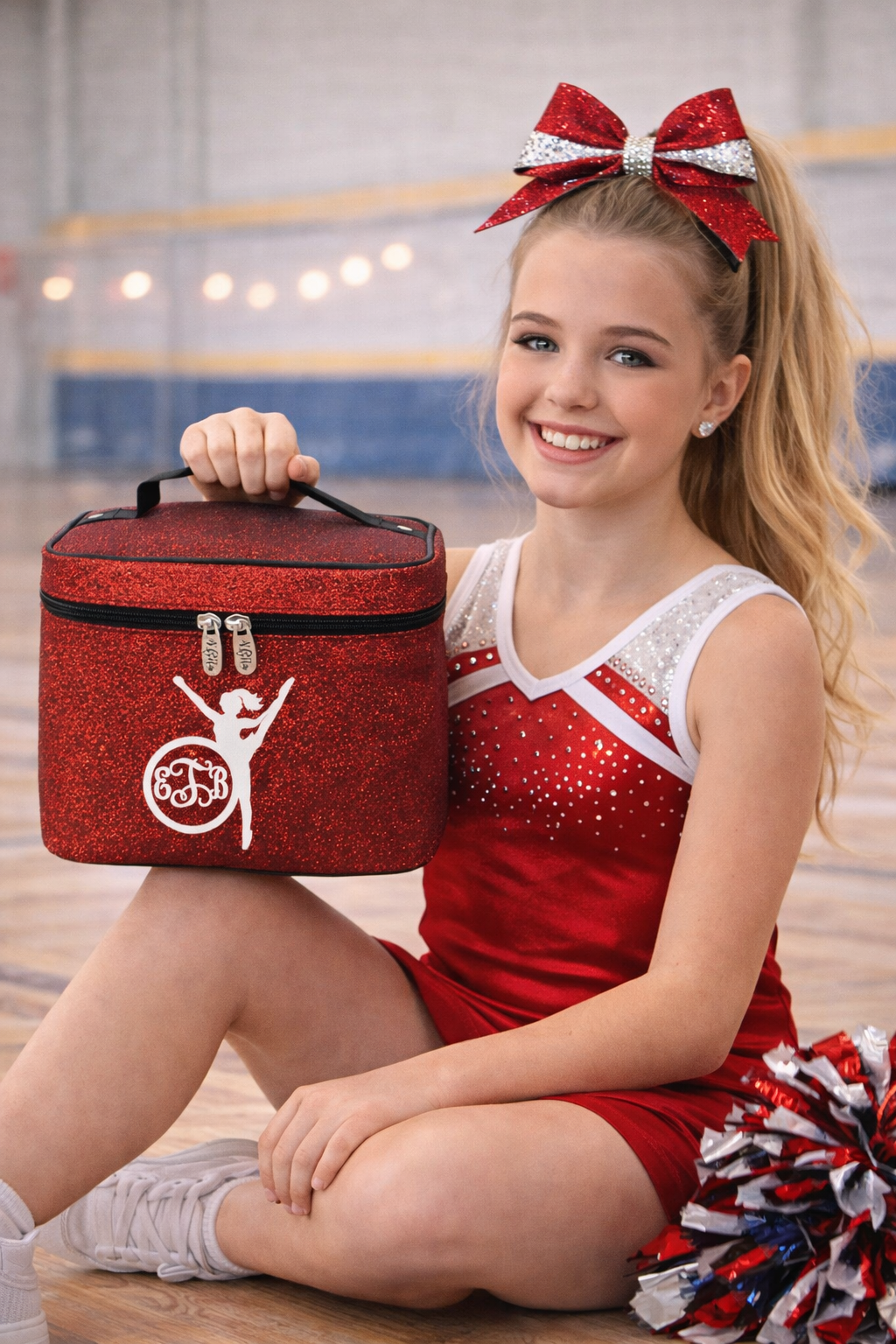 Red Glitter Gymnast Cosmetic Case – Personalized Gymnastics Makeup Bag Travel Train Case