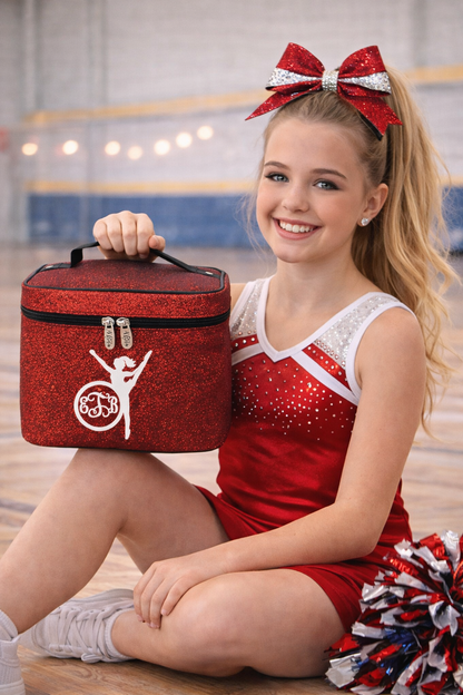 Red Glitter Gymnast Cosmetic Case – Personalized Gymnastics Makeup Bag Travel Train Case