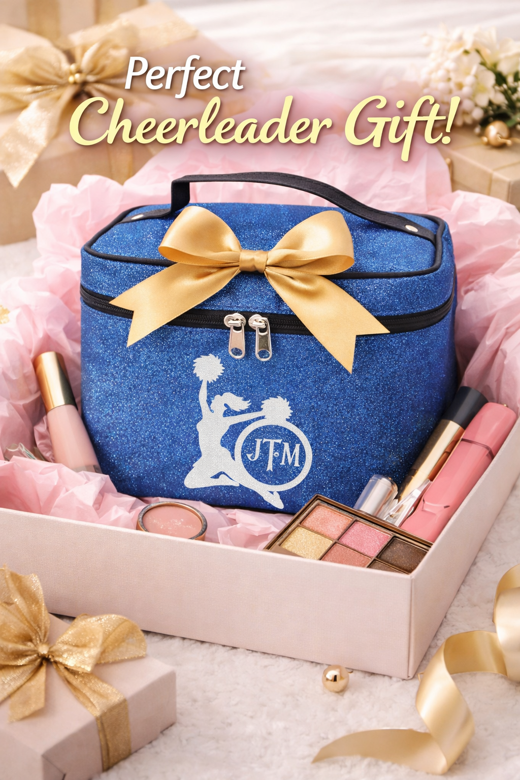 Blue Glitter Cheerleader Cosmetic Case – Personalized Cheer Makeup Bag with Monogram Travel Train Case