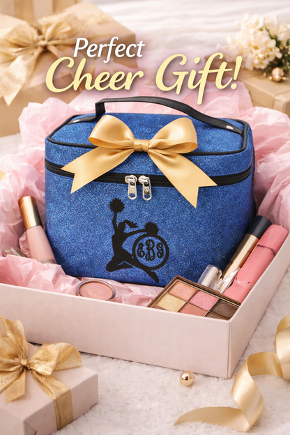 Blue Glitter Cheerleader Cosmetic Case – Personalized Cheer Makeup Bag Travel Train Case