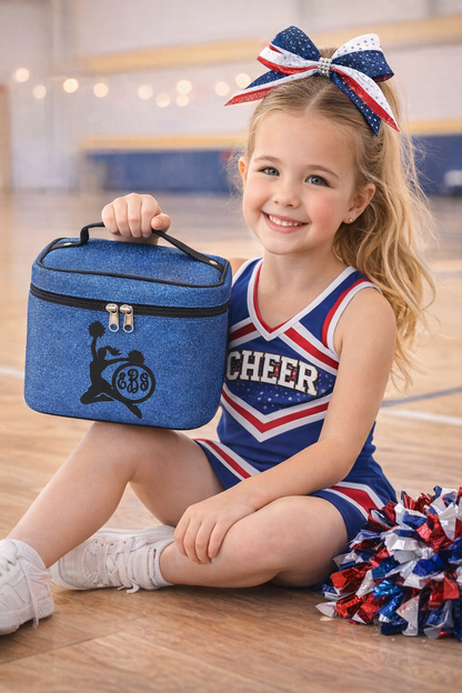 Blue Glitter Cheerleader Cosmetic Case – Personalized Cheer Makeup Bag Travel Train Case