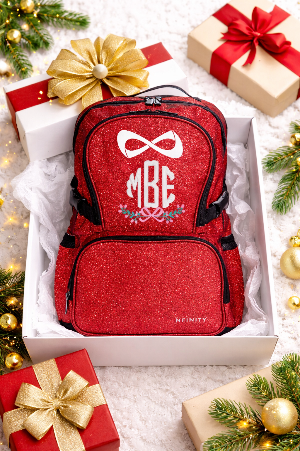 Personalized Red Nfinity Glitter Backpack – Custom Monogram Cheer, Dance & Sports Bag