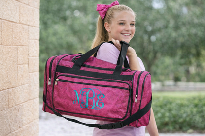 Monogrammed Hot Pink Glitter Duffle Bag – Personalized Weekender Travel & Gym Bag