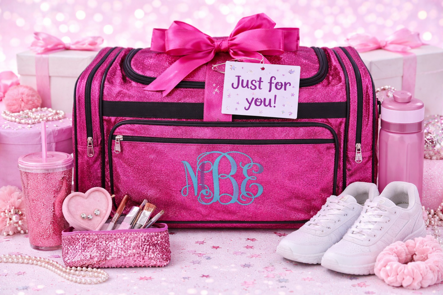 Monogrammed Hot Pink Glitter Duffle Bag – Personalized Weekender Travel & Gym Bag
