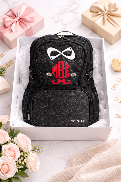 Personalized Black Nfinity Glitter Backpack – Custom Monogram Cheer, Dance & Sports Bag