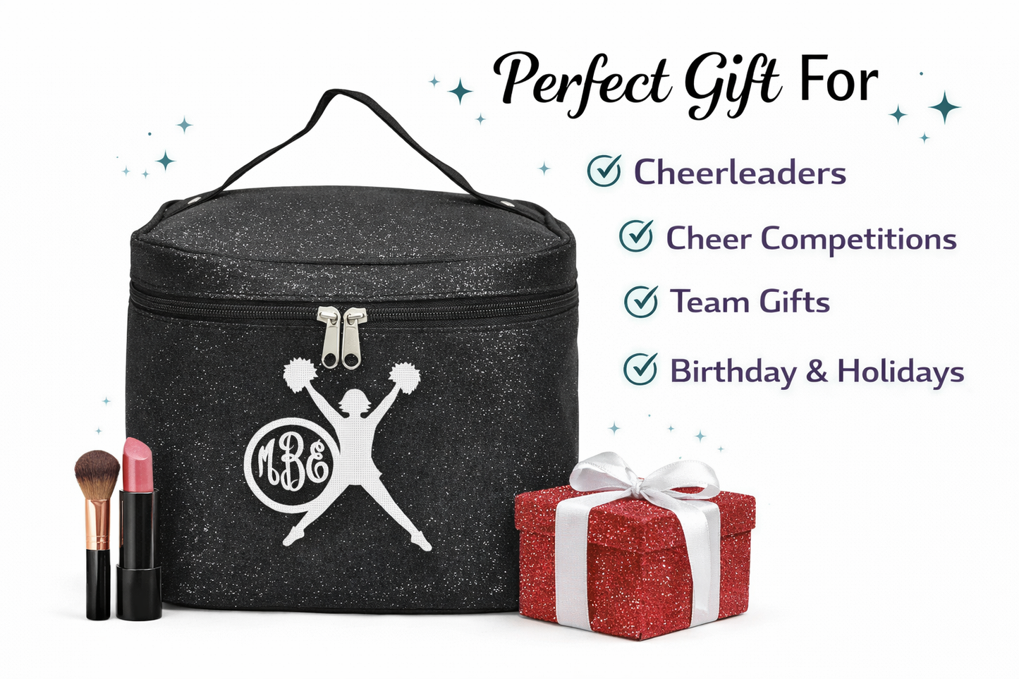 Black Glitter Cheerleader Cosmetic Case – Personalized Cheer Makeup Bag Monogram Travel Train Case