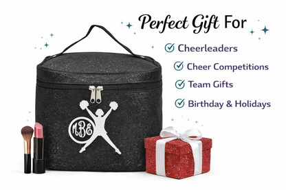Black Glitter Cheerleader Cosmetic Case – Personalized Cheer Makeup Bag Monogram Travel Train Case