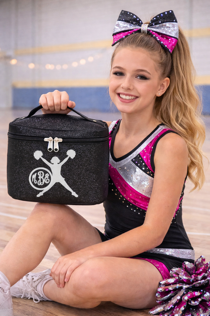 Black Glitter Cheerleader Cosmetic Case – Personalized Cheer Makeup Bag Monogram Travel Train Case