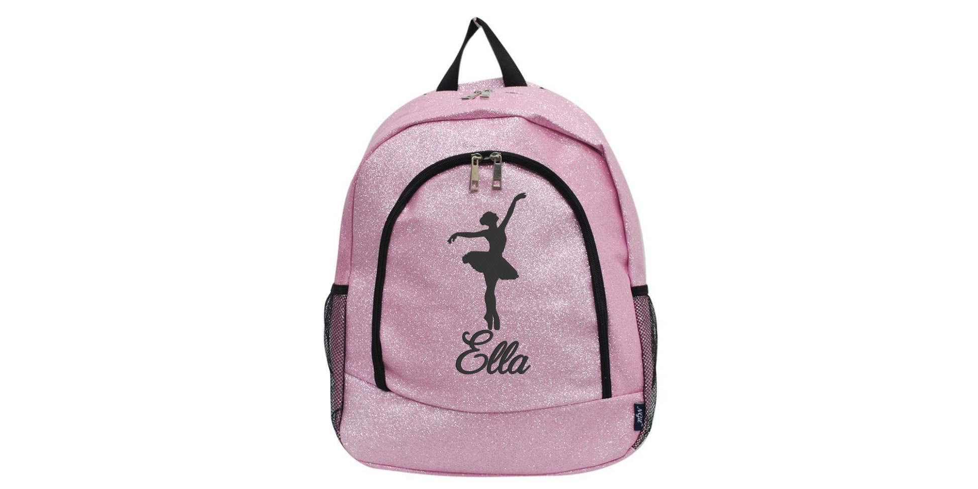 pink glitter dance backpack with personalized name and dancer silhouette