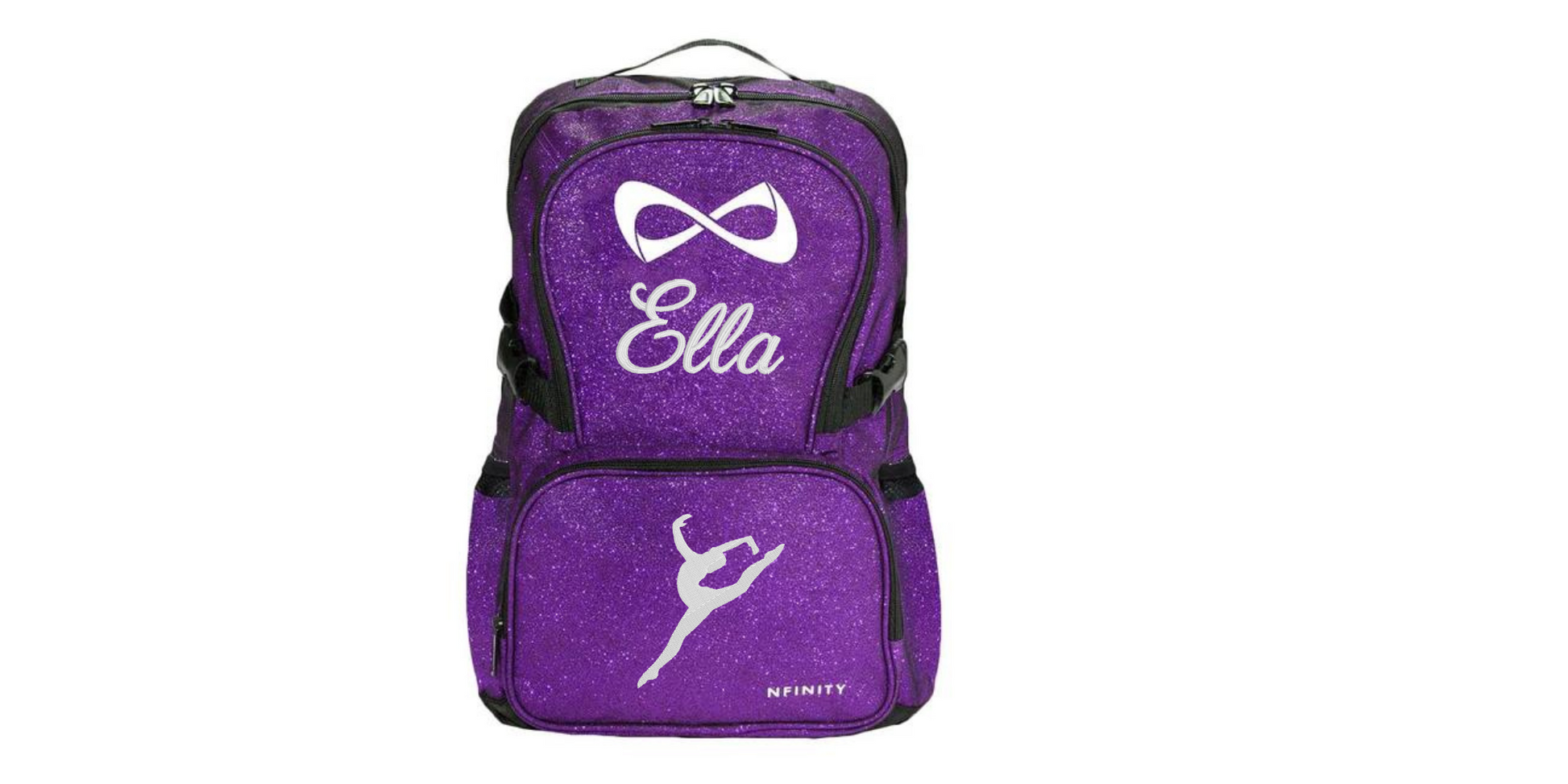 Personalized Nfinity purple sparkle cheer backpack with custom name Ella and cheerleader design
