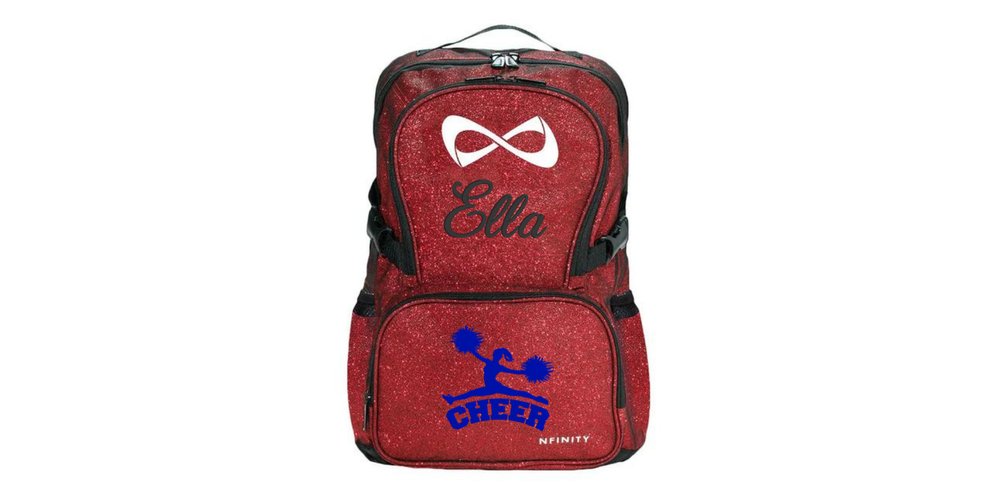 Personalized red Nfinity glitter cheer backpack with custom embroidered name